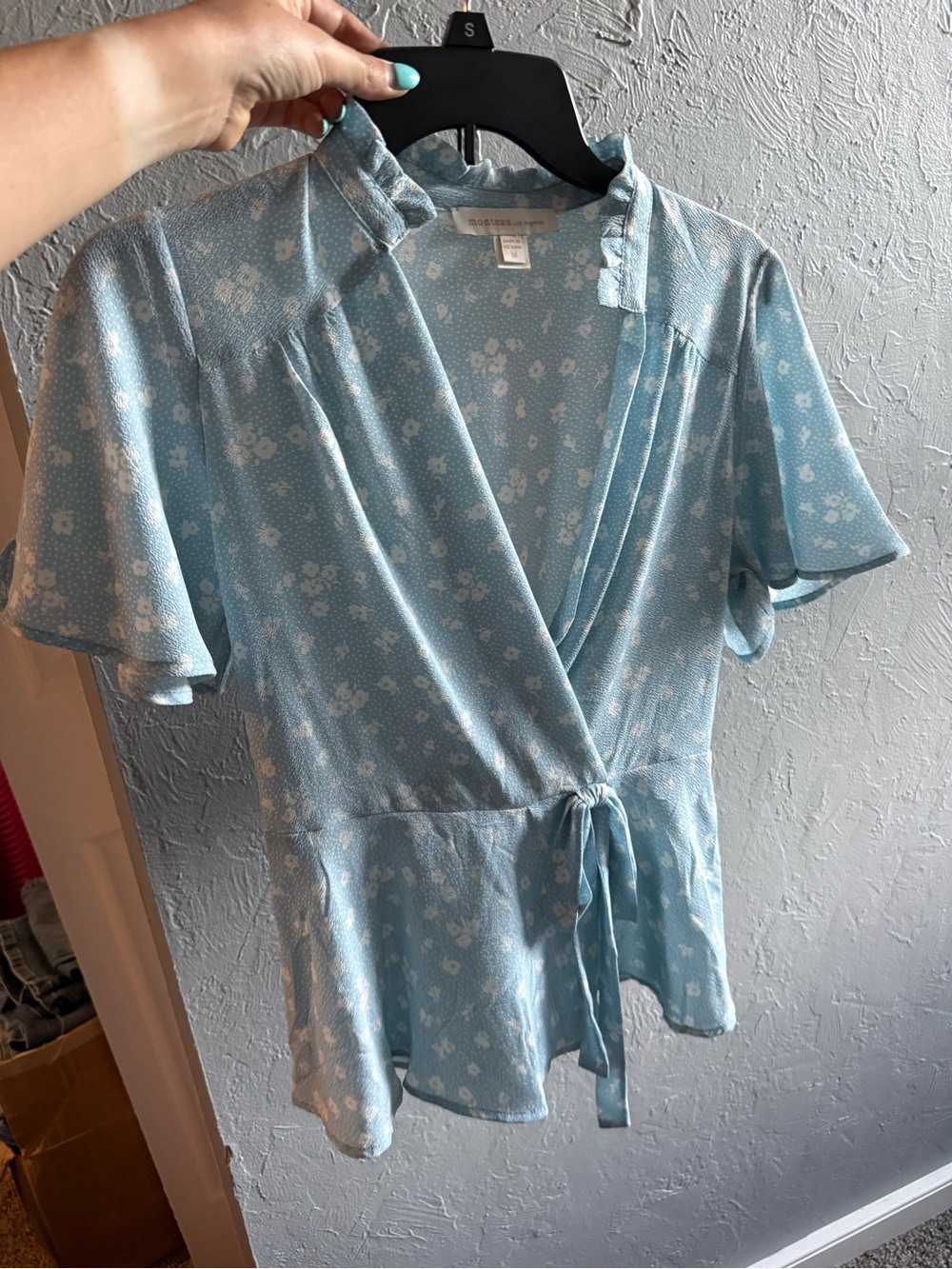 Monteau Light Blue Floral Wrap Top - Picture 1 of 3